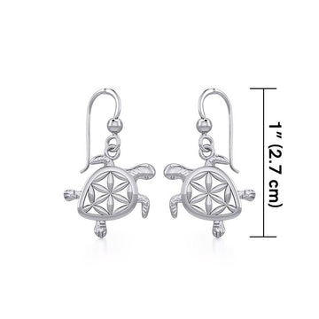 Swimming Turtle with Flower of Life Shell Silver Earrings TER1786 - Jewelry